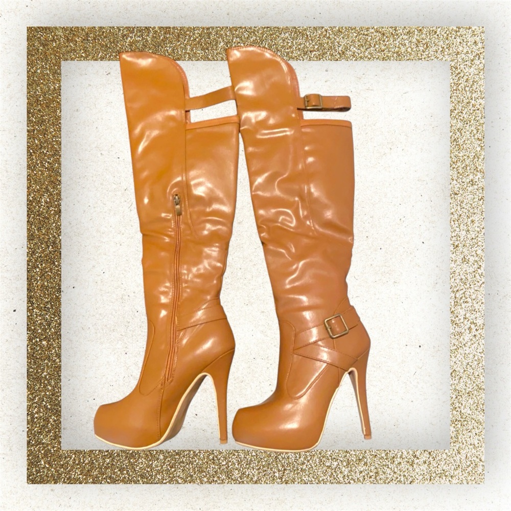Tan Heeled Knee-High Boots with Stiletto Heels and Platform Sole